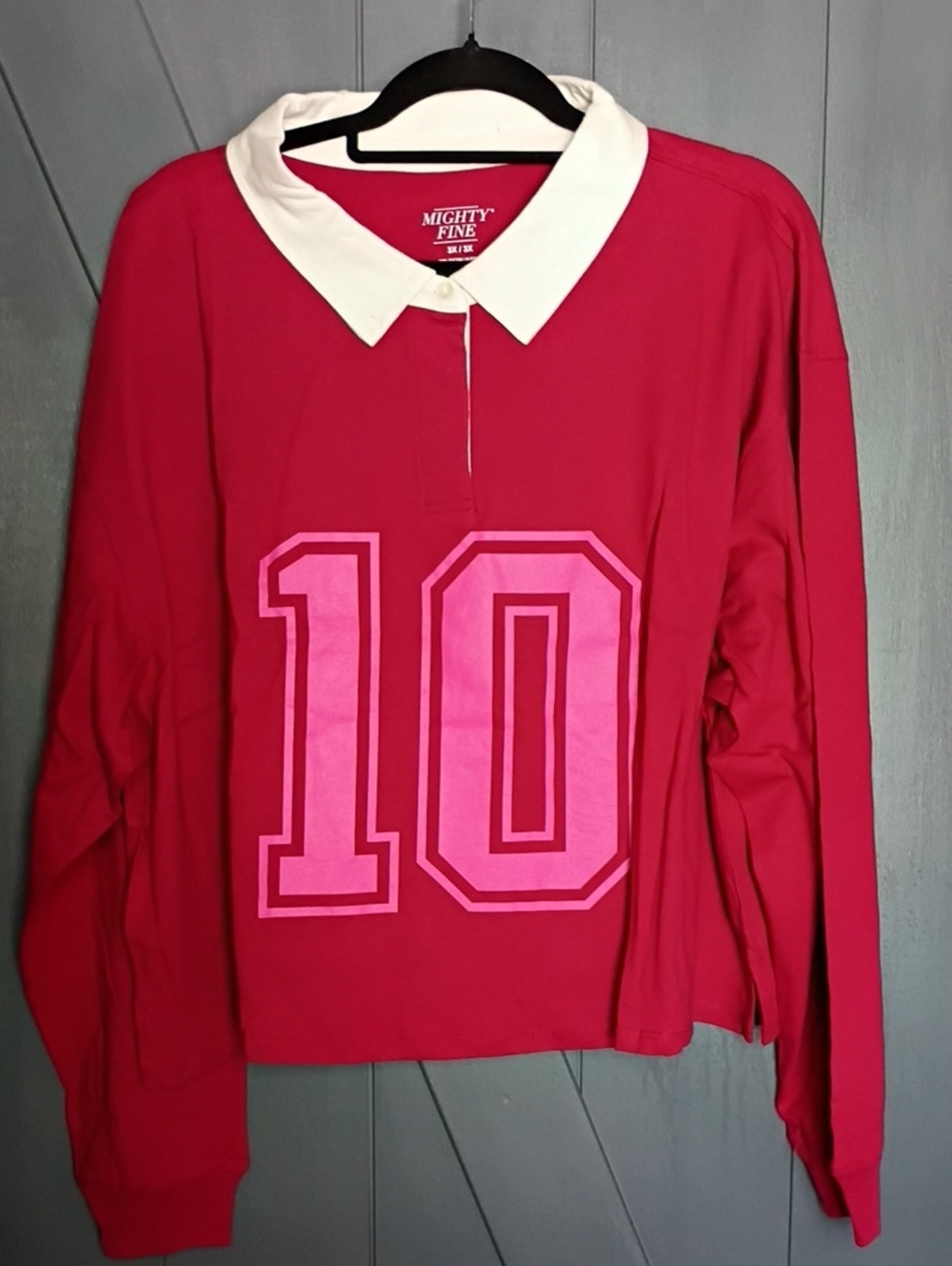 Mighty Fine Red Long Sleeve Polo with Pink '10'